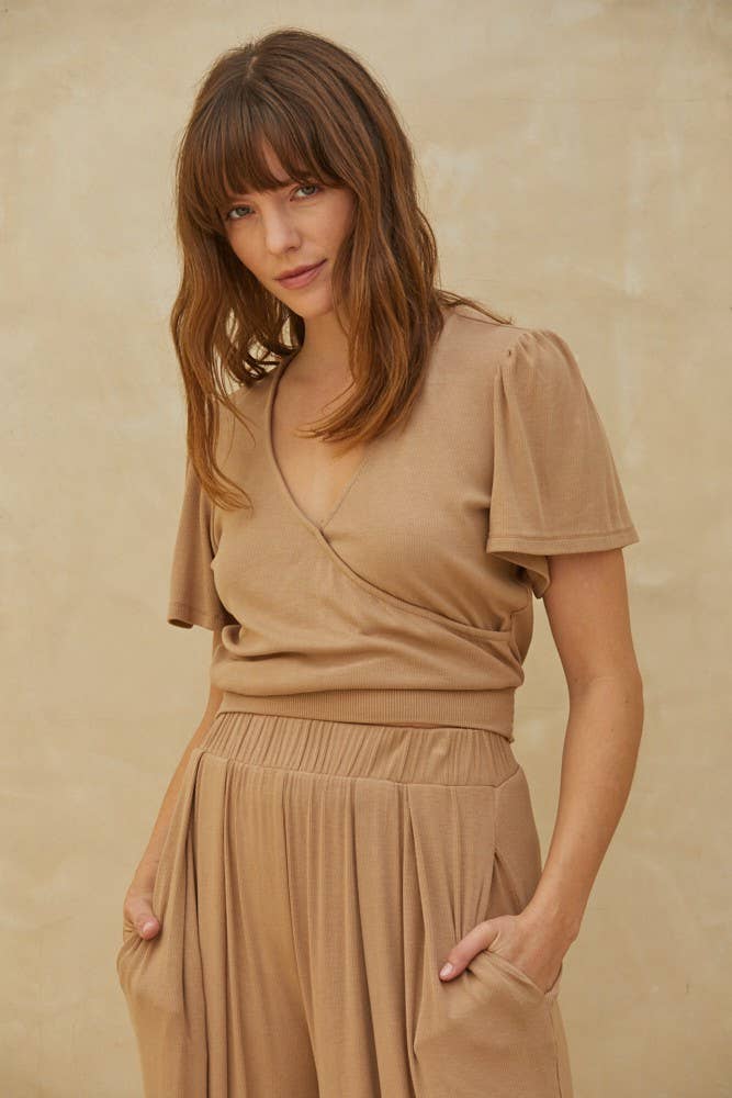 L6202 | Ribbed Surplice Overlap Neck Short Sleeve Waist Band: Camel / Medium
