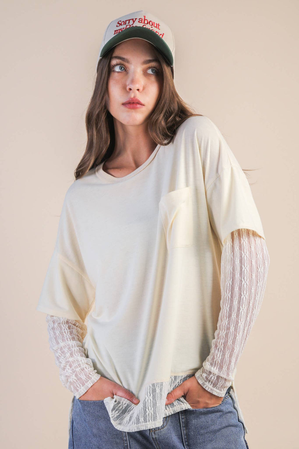 NT12351-Oversized Casual Knit Top W/ Lace: MOCHA / S-M-L/2-2-2