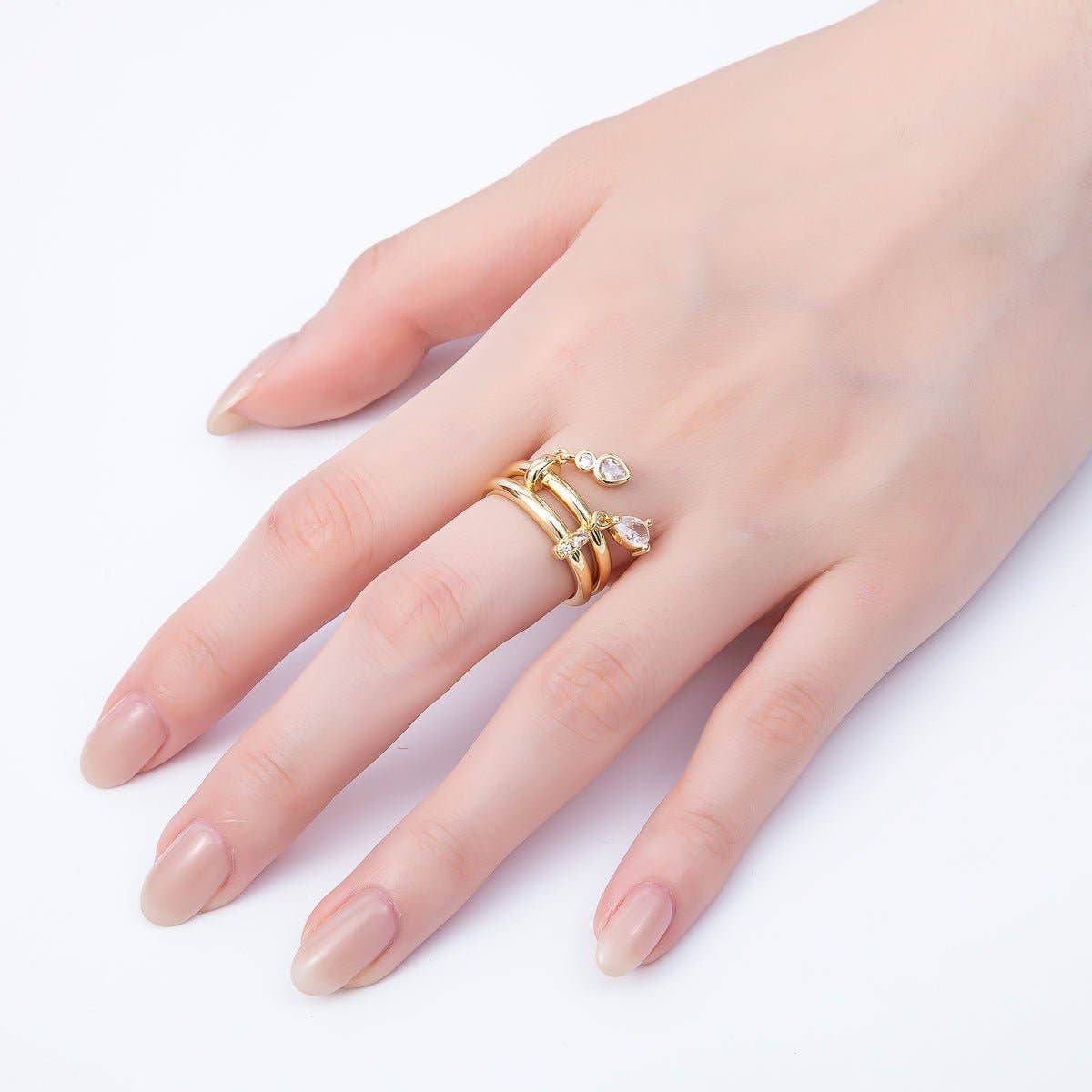 16K Gold Filled Clear Teardrop CZ Drop Double Band Ring | Rings-00115