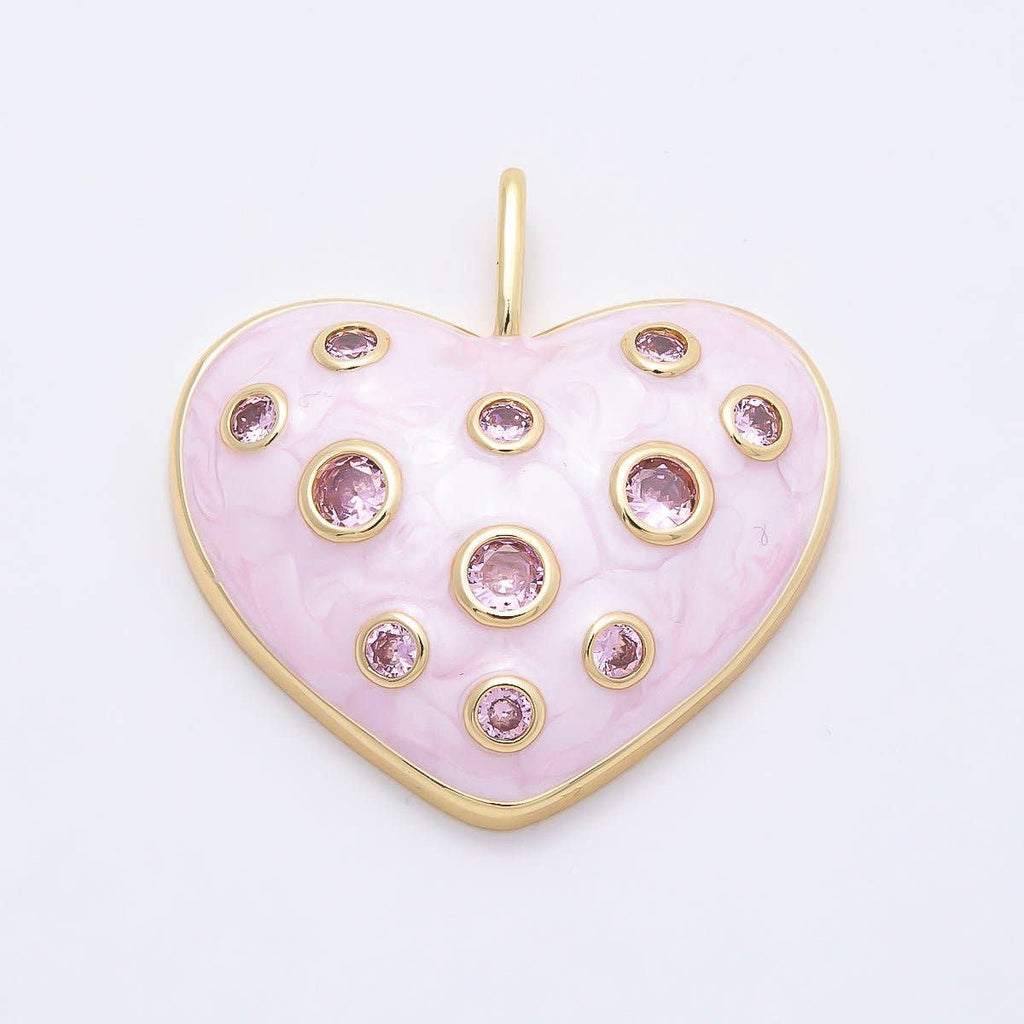 16K Gold Filled 30mm Pink CZ Dotted Glitter Enamel Heart Pendant | Charms-00856