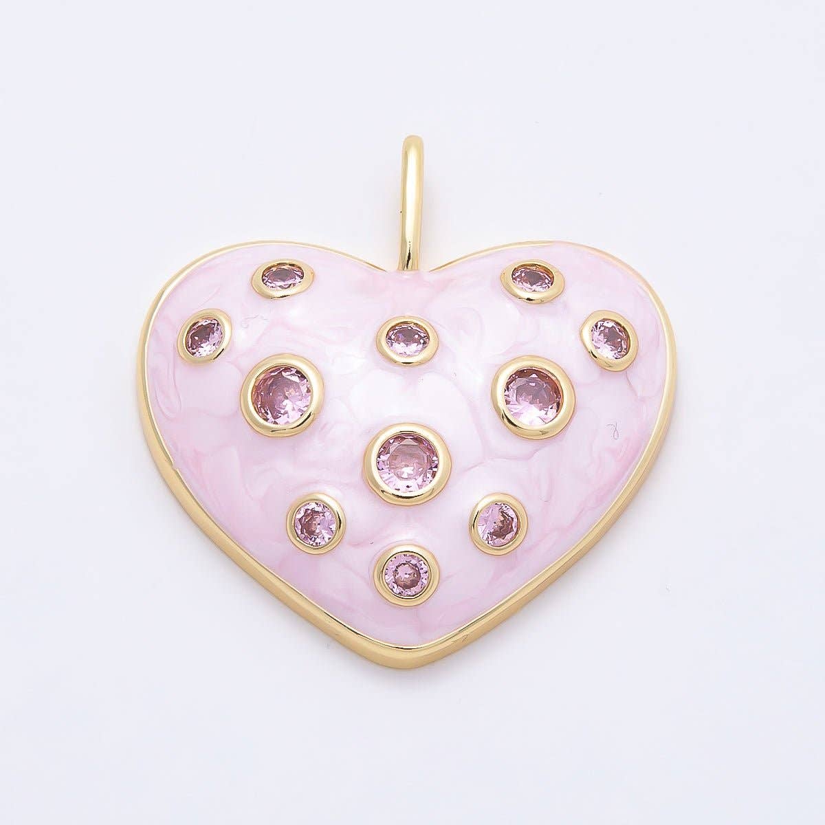 16K Gold Filled 30mm Pink CZ Dotted Glitter Enamel Heart Pendant | Charms-00856