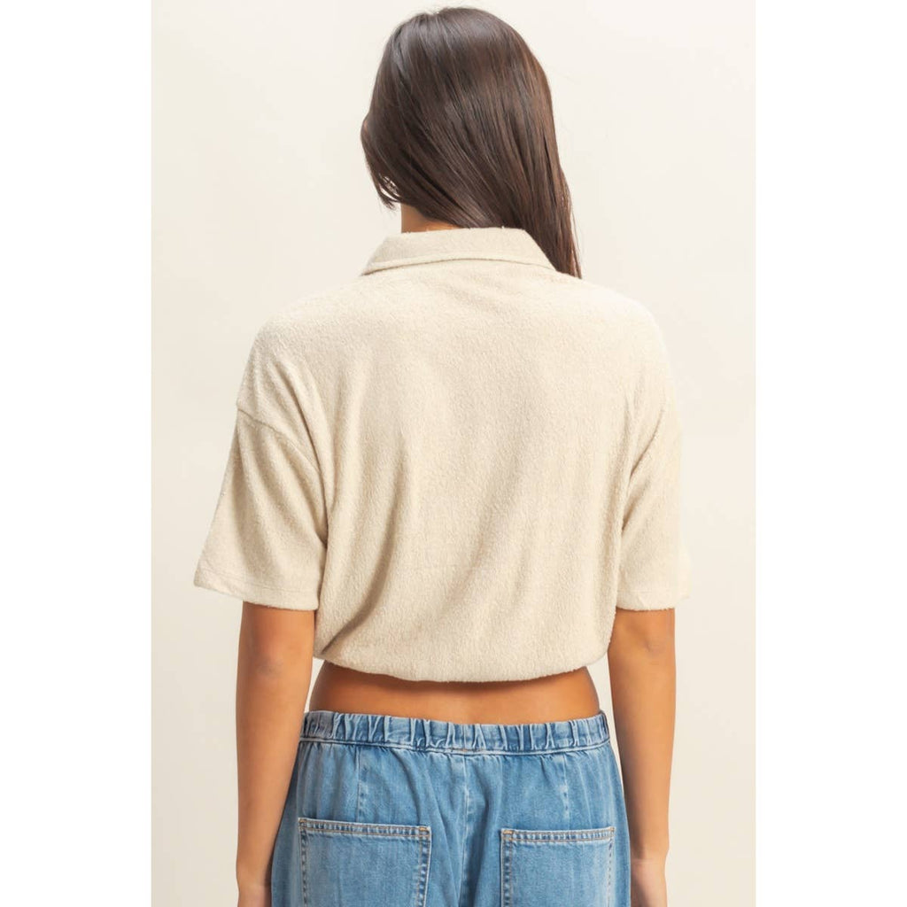 Collared Short Sleeve Crop Top: FRENCH VANILLA / S-M-L(2-2-2)