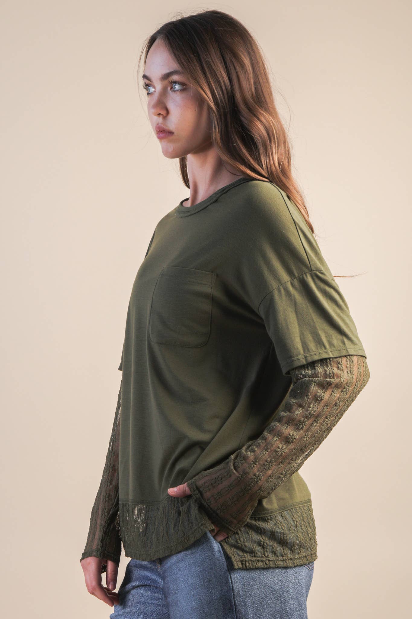 NT12351-Oversized Casual Knit Top W/ Lace: MOCHA / S-M-L/2-2-2