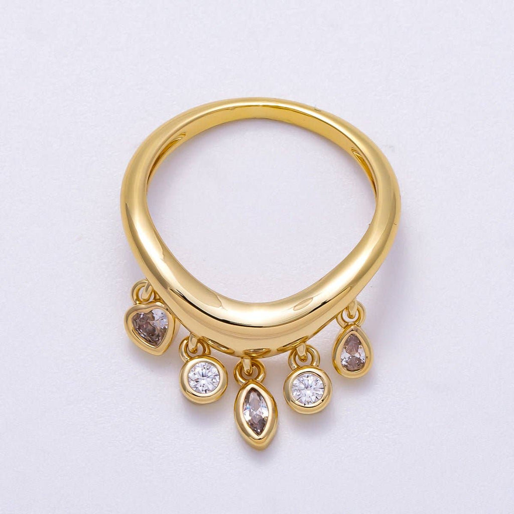 16K Gold Filled Clear CZ Drop Geometric Curved Ring | Rings-00075