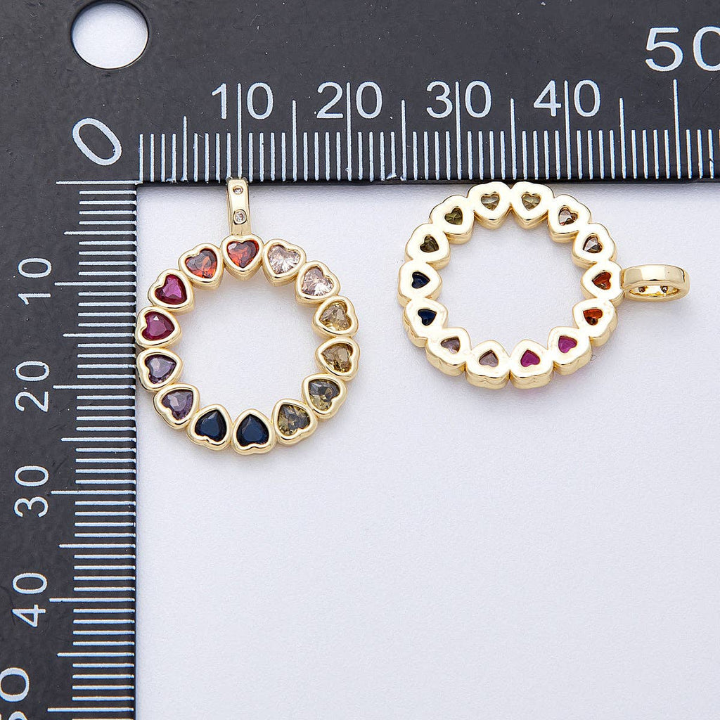 16K Gold Filled 26mm Multicolor CZ Heart Open Round Pendant | Charms-00124
