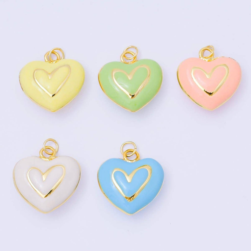 24K Gold Filled 21mm Blue, Pink, Green, White, Yellow Pastel Enamel Lined Heart Charm | AC1621 - AC1623: Green
