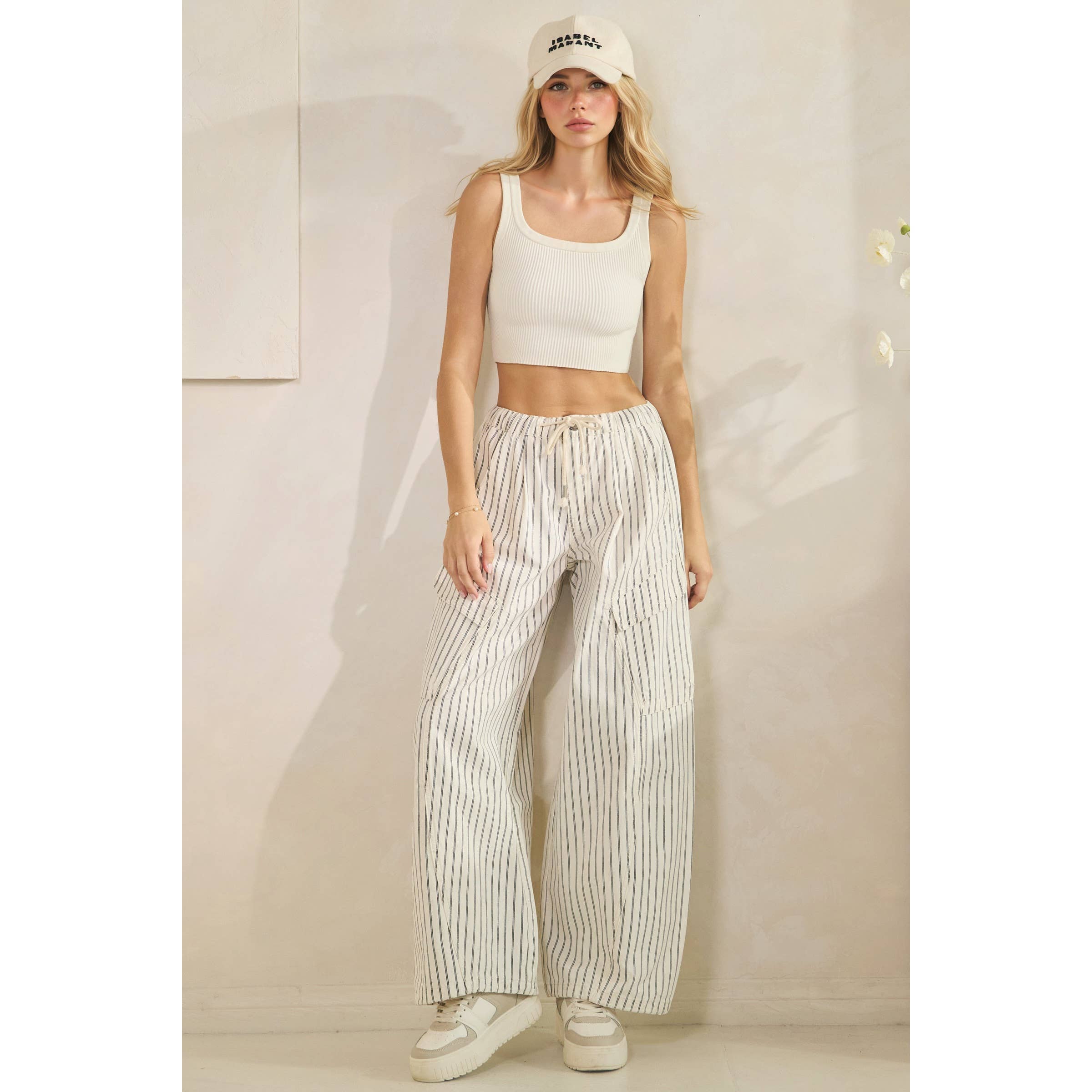 Easy Cargo Striped Pants: White / S