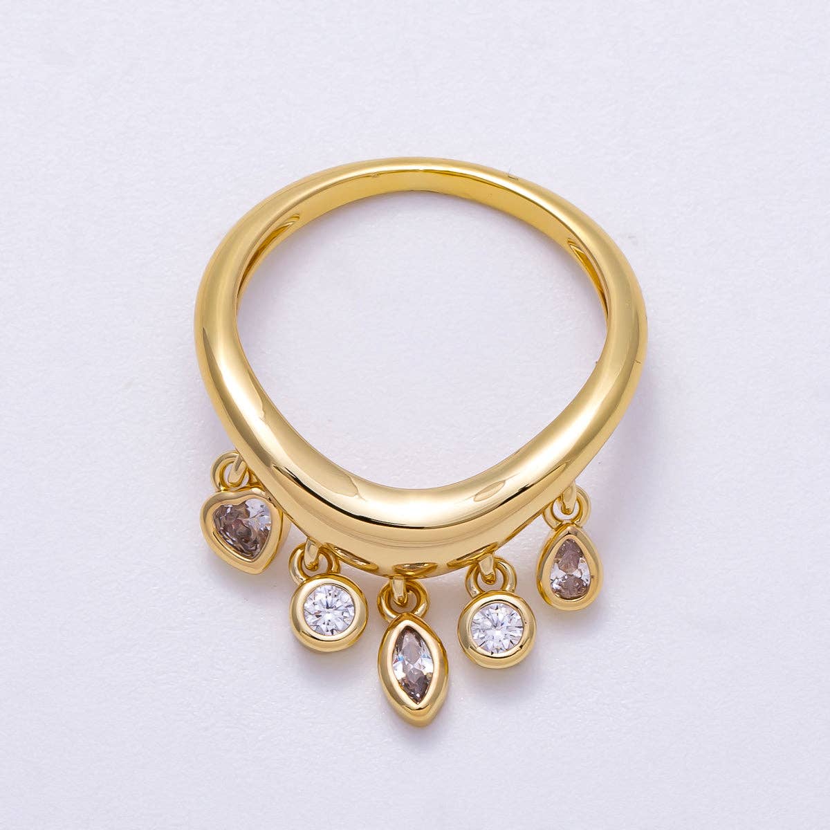 16K Gold Filled Clear CZ Drop Geometric Curved Ring | Rings-00075