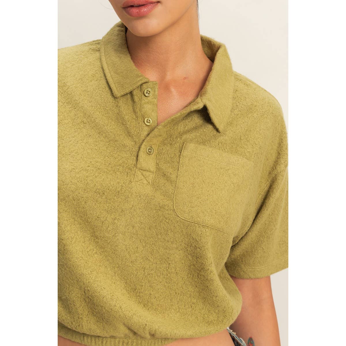 Collared Short Sleeve Crop Top: FRENCH VANILLA / S-M-L(2-2-2)