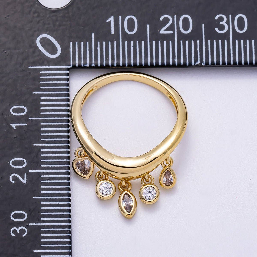 16K Gold Filled Clear CZ Drop Geometric Curved Ring | Rings-00075