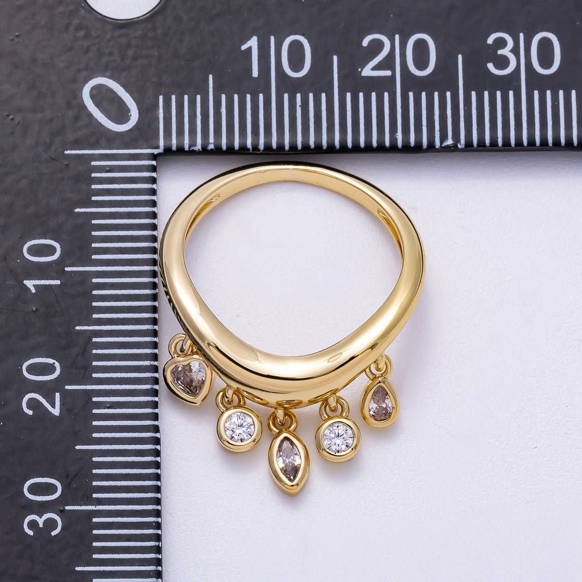 16K Gold Filled Clear CZ Drop Geometric Curved Ring | Rings-00075