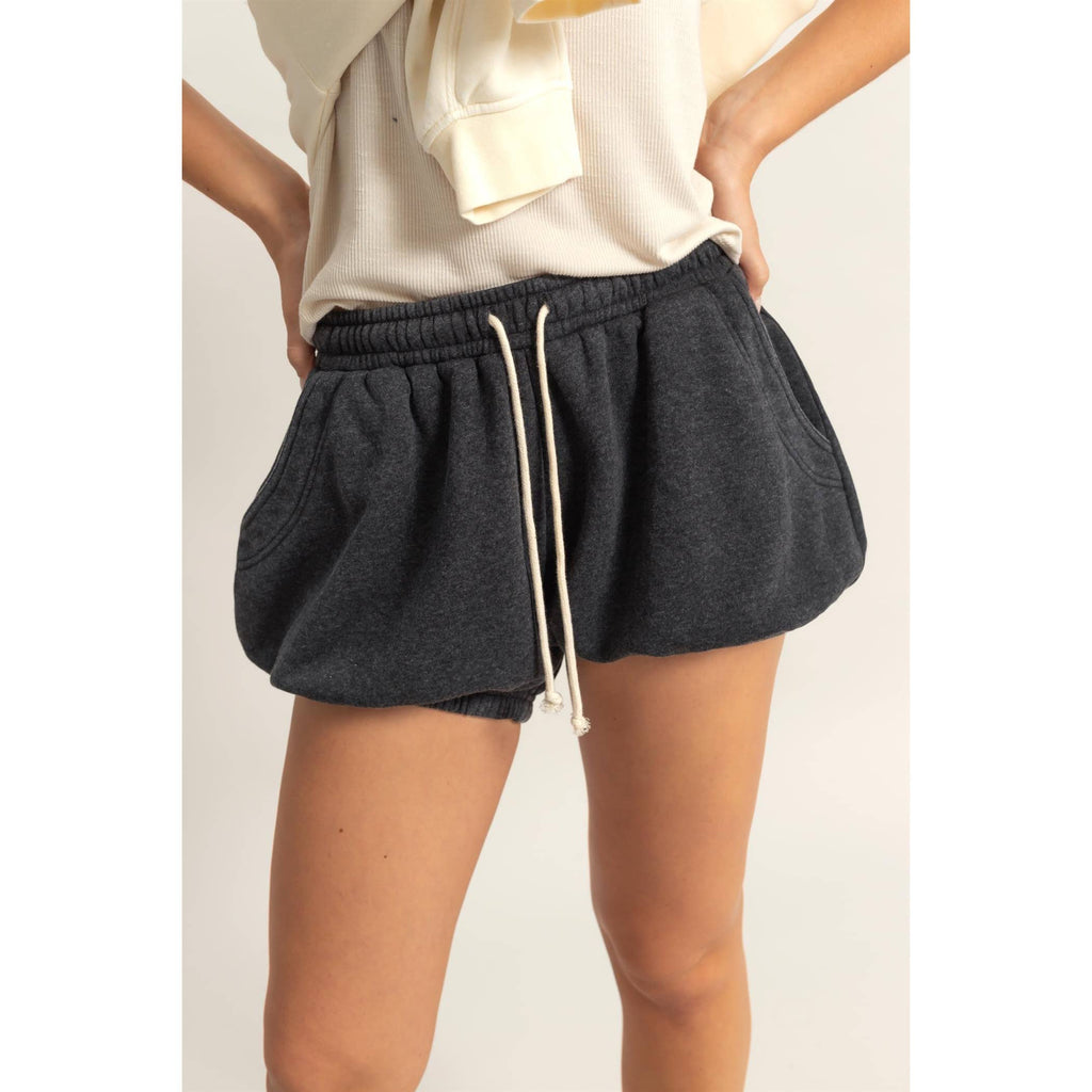 Drawstring Waist Bubbled Hem Shorts: BLACK / S-M-L(2-2-2)