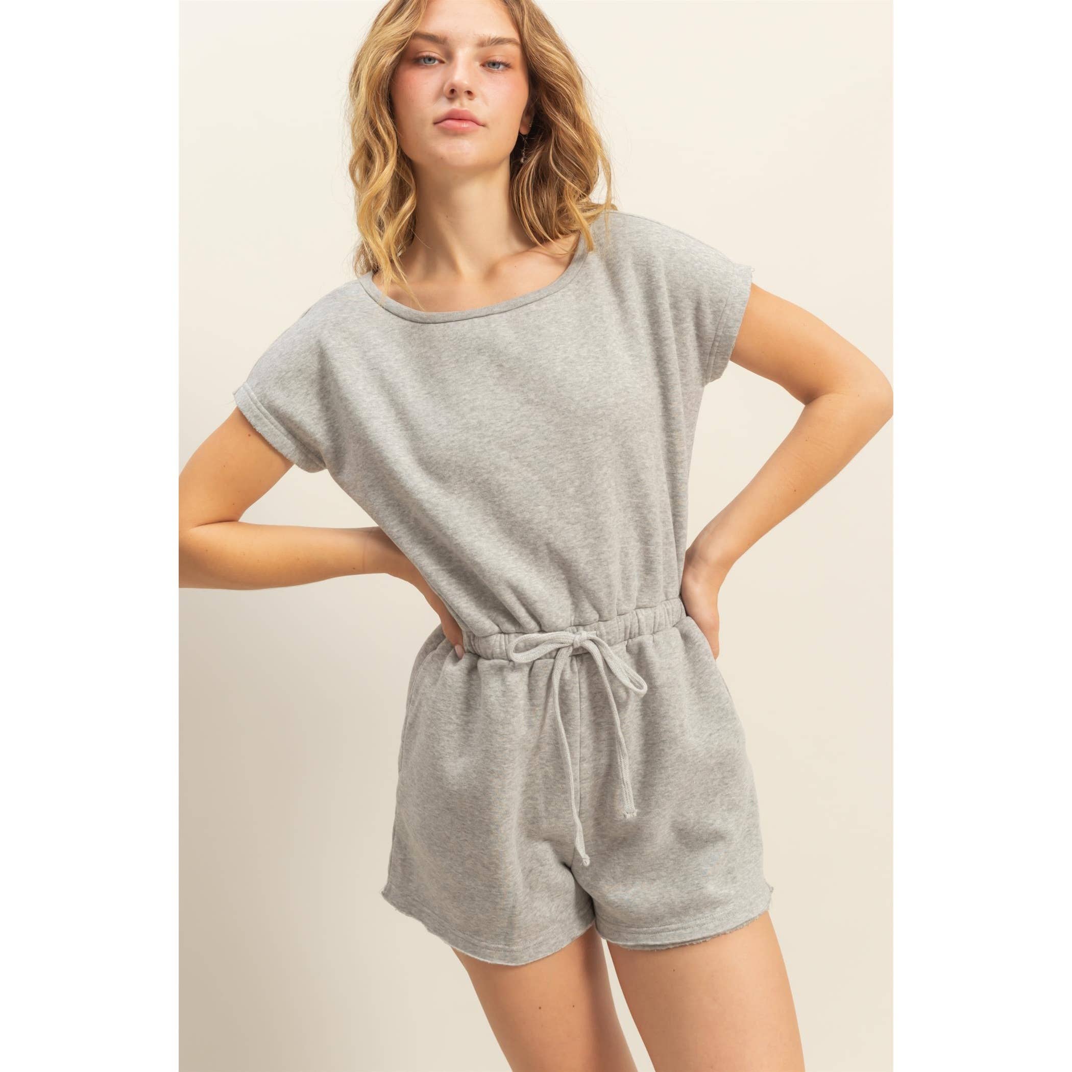 Cap Sleeve Drawstring Waist Romper: DARK TAUPE / S-M-L(2-2-2)