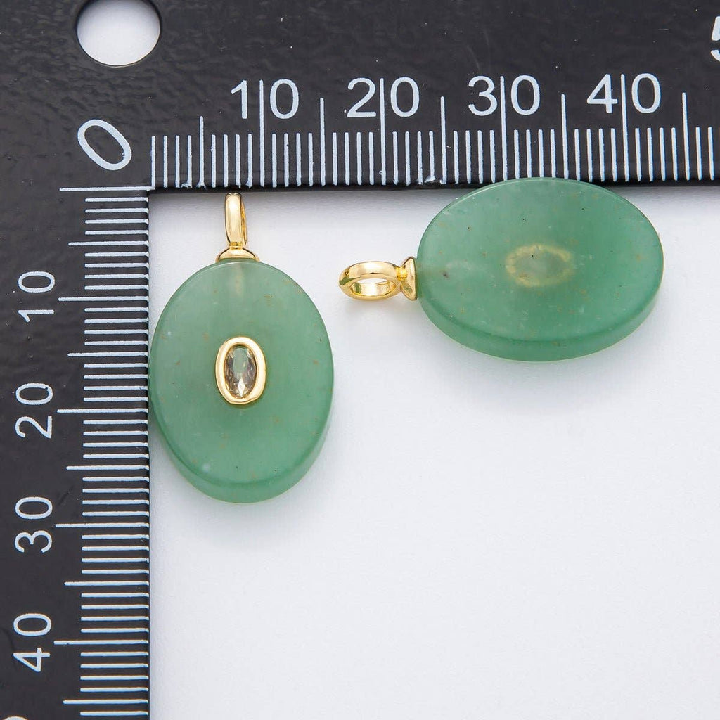 18K Gold Filled CZ Embedded Natural Gemstone Oval Charm | N720 - N741: White Quartz