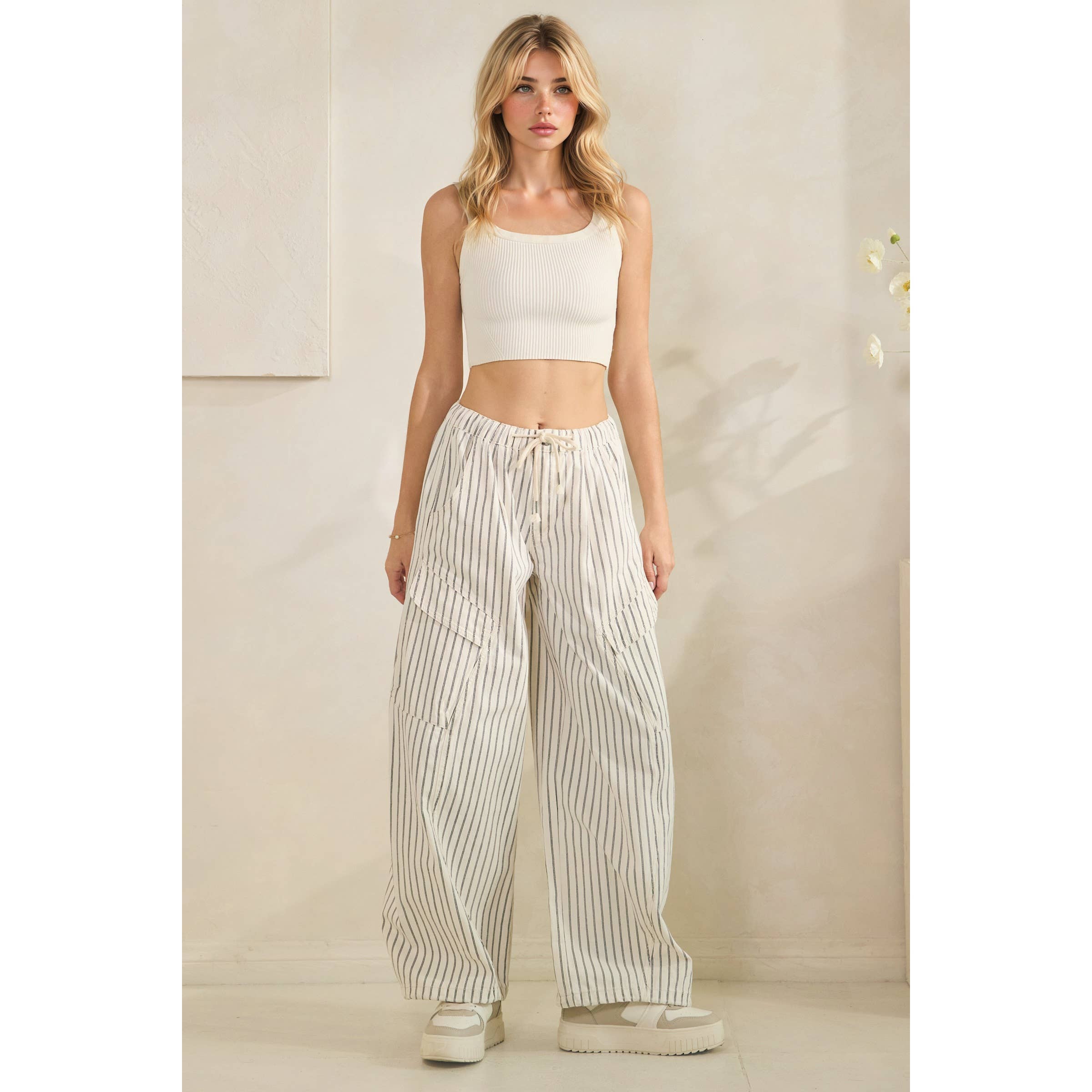 Easy Cargo Striped Pants: White / L