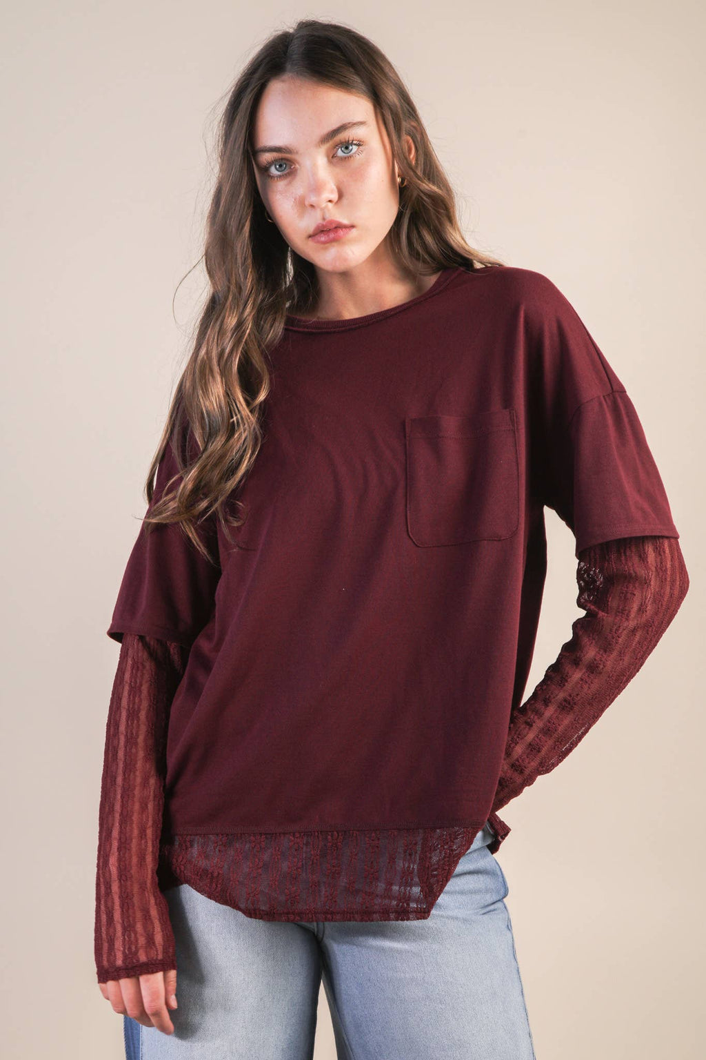 NT12351-Oversized Casual Knit Top W/ Lace: MOCHA / S-M-L/2-2-2