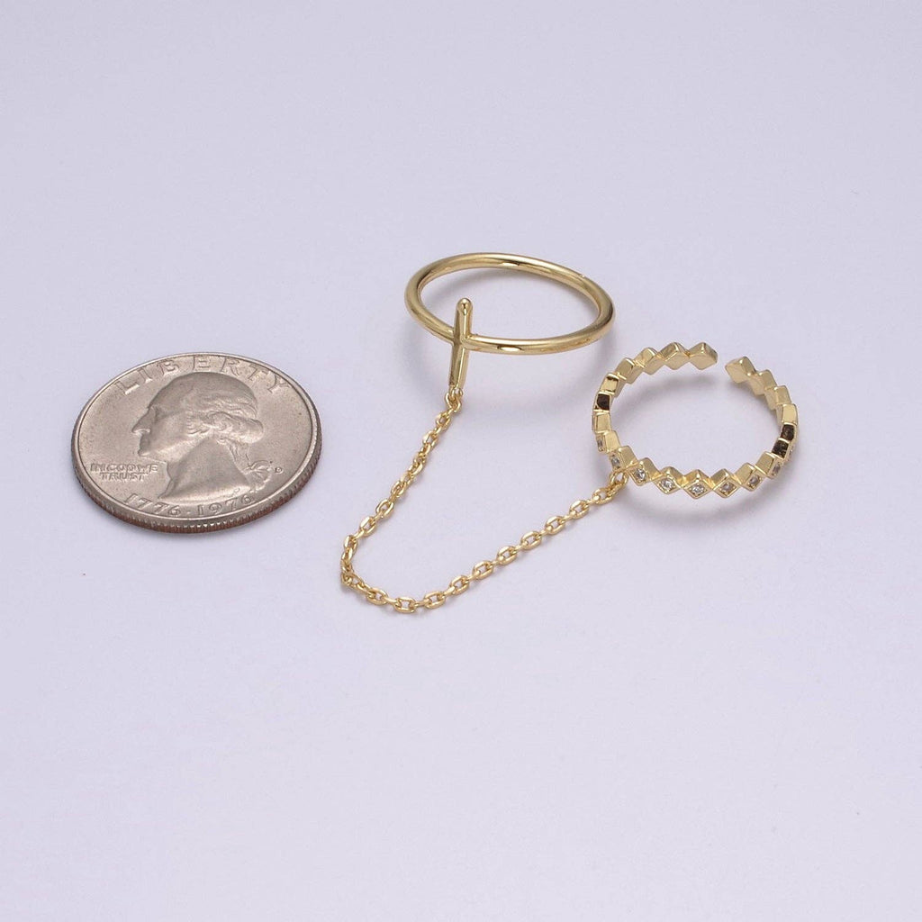 Double Gold Adjustable Ring with chain & CZ  U191