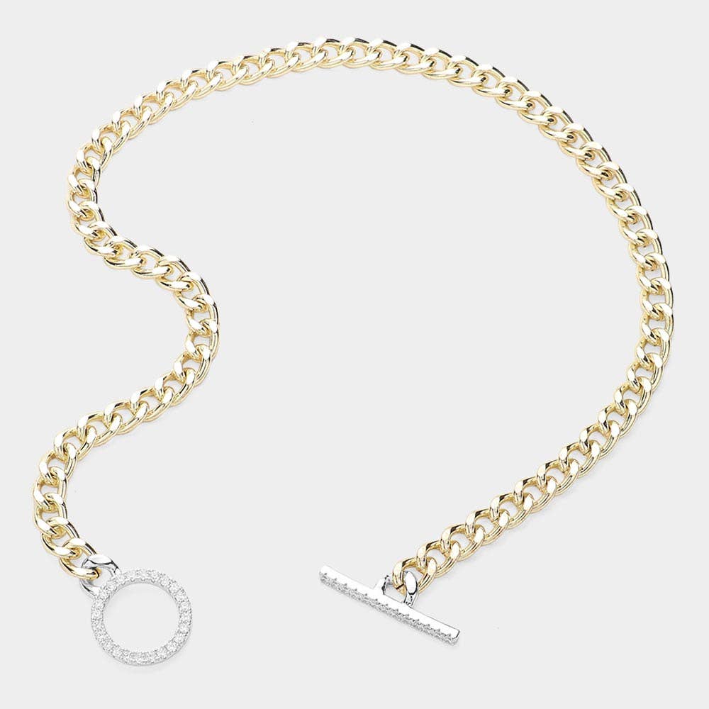 14K Gold Plated CZ Stone Paved Toggle Necklace: Gold
