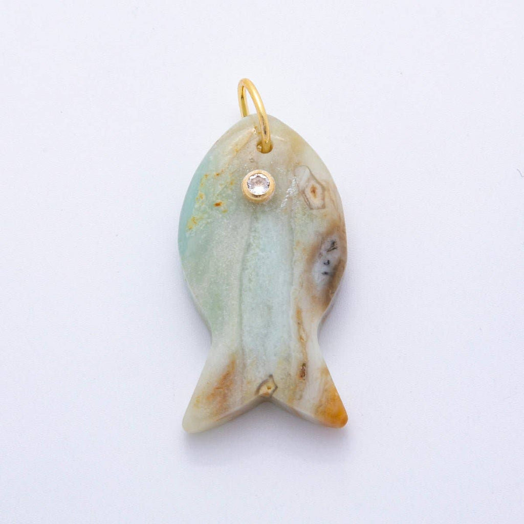 18K Gold Filled 38.8mm Clear CZ Natural Gemstone Fish Charm | D265 - D533: Rose Quartz