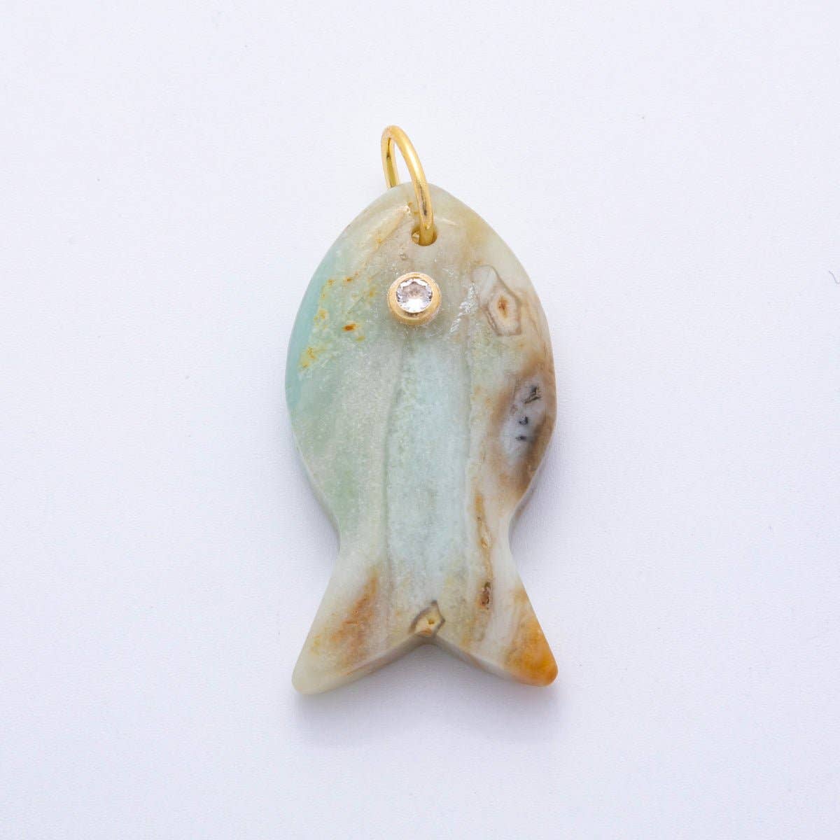18K Gold Filled 38.8mm Clear CZ Natural Gemstone Fish Charm | D265 - D533: Rose Quartz
