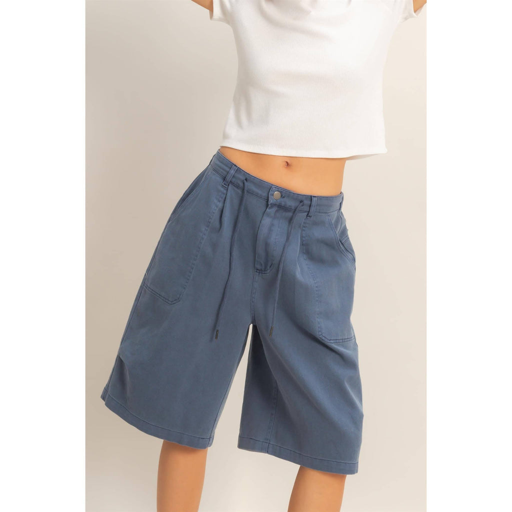 Drawstring Waist Wide Leg Jorts: NAVY / S-M-L(2-2-2)