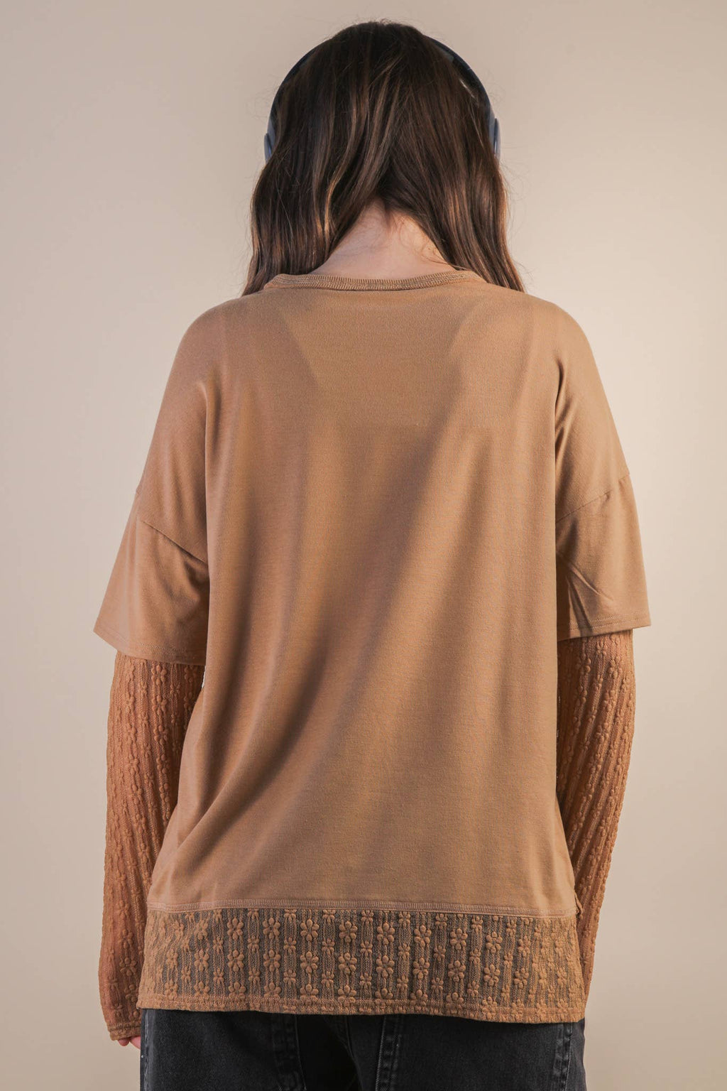NT12351-Oversized Casual Knit Top W/ Lace: MOCHA / S-M-L/2-2-2
