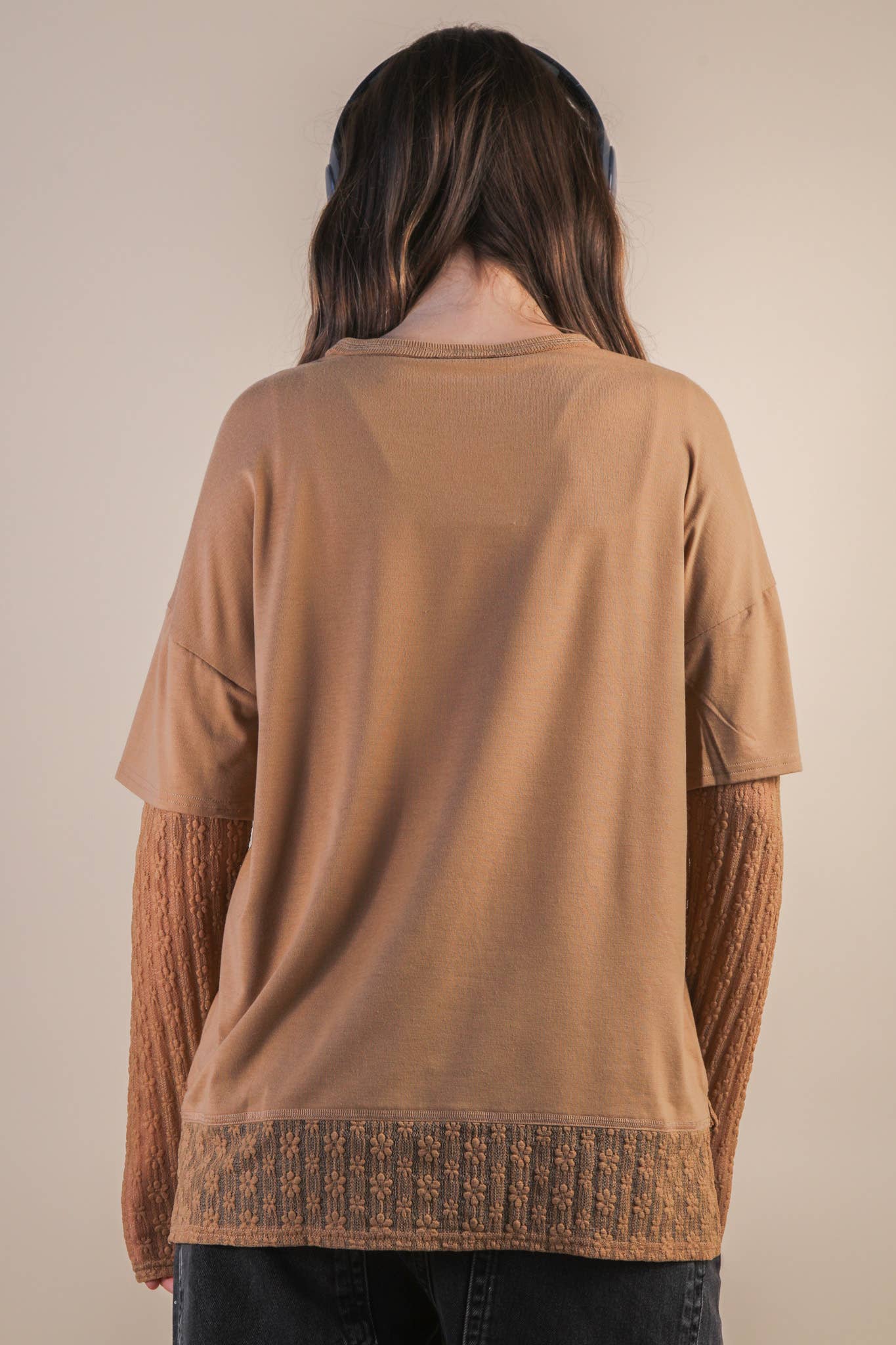 NT12351-Oversized Casual Knit Top W/ Lace: MOCHA / S-M-L/2-2-2