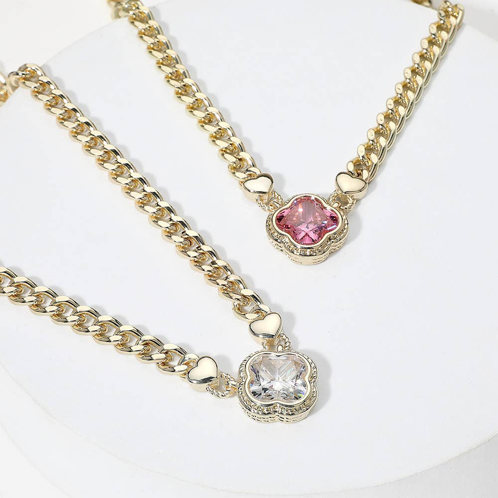 14K Gold Plated CZ Quatrefoil Pendant Pointed Chain Necklace: Blue