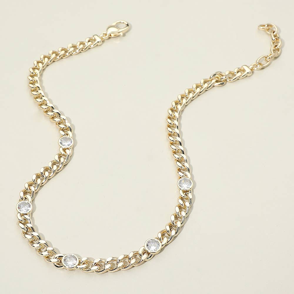 14K Gold Plated Round CZ Bezel Station Chunky Curb Chain Necklace