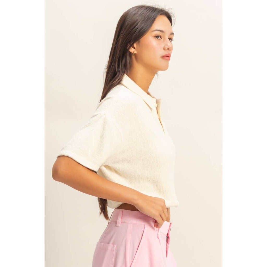 Collared Short Sleeve Crop Top: FRENCH VANILLA / S-M-L(2-2-2)
