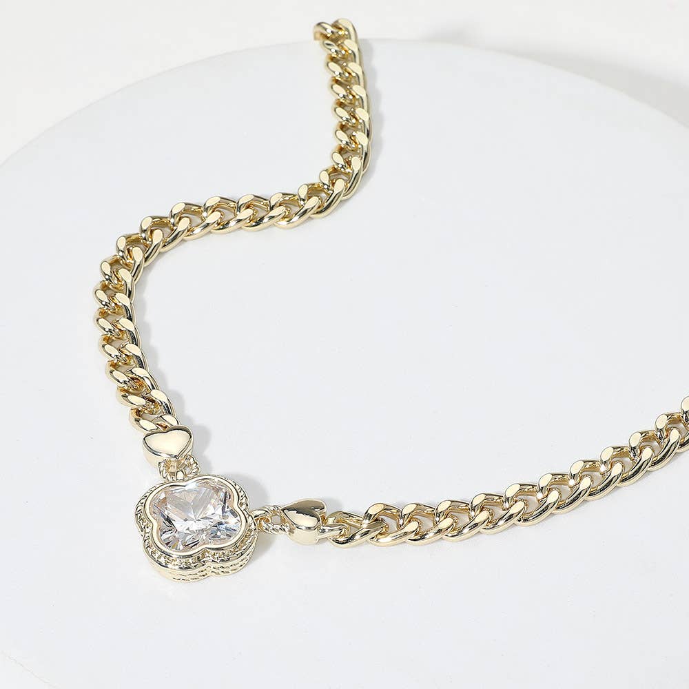 14K Gold Plated CZ Quatrefoil Pendant Pointed Chain Necklace: Blue