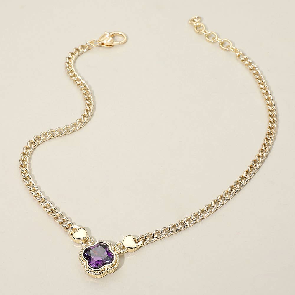 14K Gold Plated CZ Quatrefoil Pendant Pointed Chain Necklace: Blue