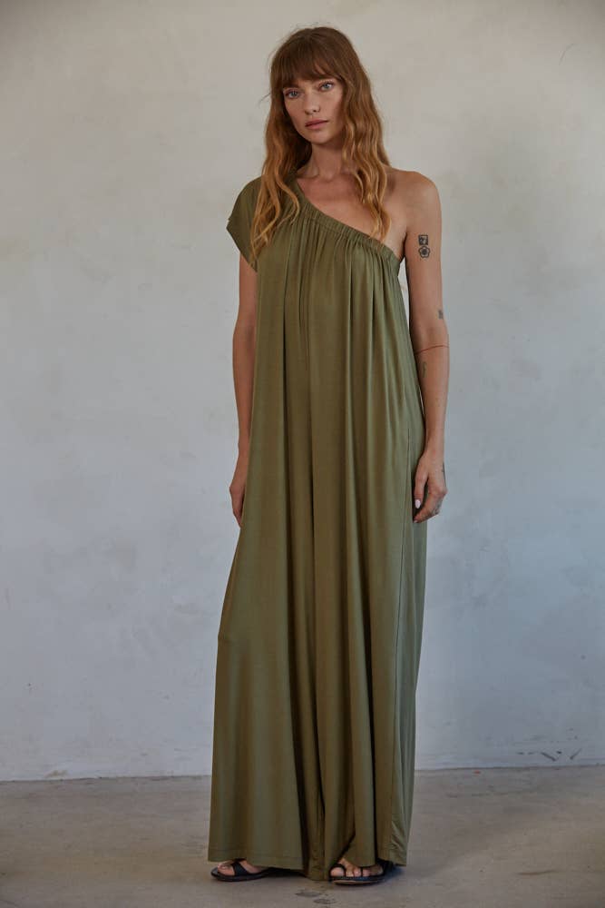 One Shoulder Short Sleeve Wide Leg Jumpsuit: Olive