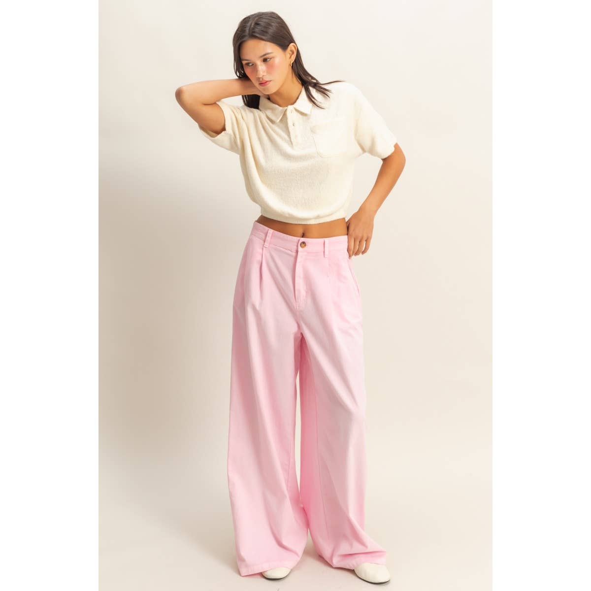 Collared Short Sleeve Crop Top: FRENCH VANILLA / S-M-L(2-2-2)