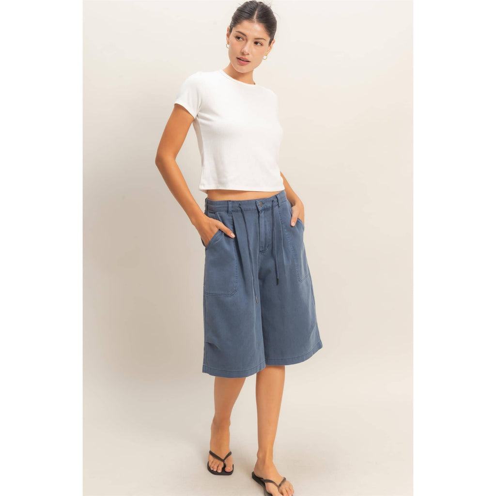 Drawstring Waist Wide Leg Jorts: NAVY / S-M-L(2-2-2)