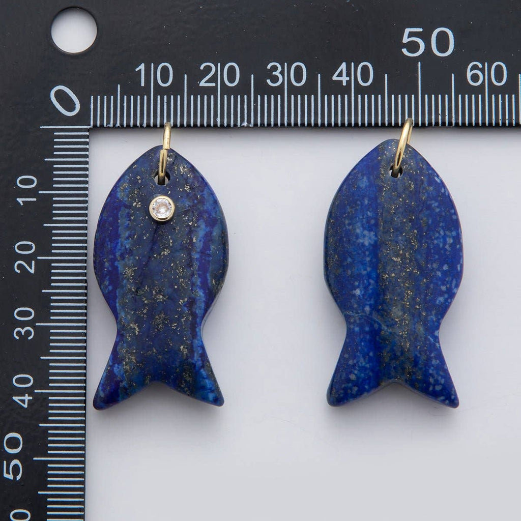 18K Gold Filled 38.8mm Clear CZ Natural Gemstone Fish Charm | D265 - D533: Lapis Lazuli