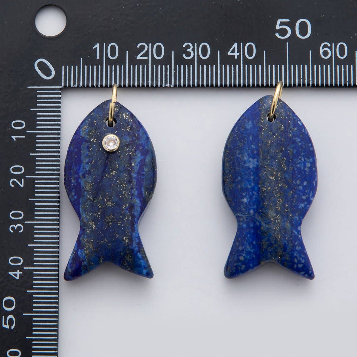 18K Gold Filled 38.8mm Clear CZ Natural Gemstone Fish Charm | D265 - D533: Lapis Lazuli