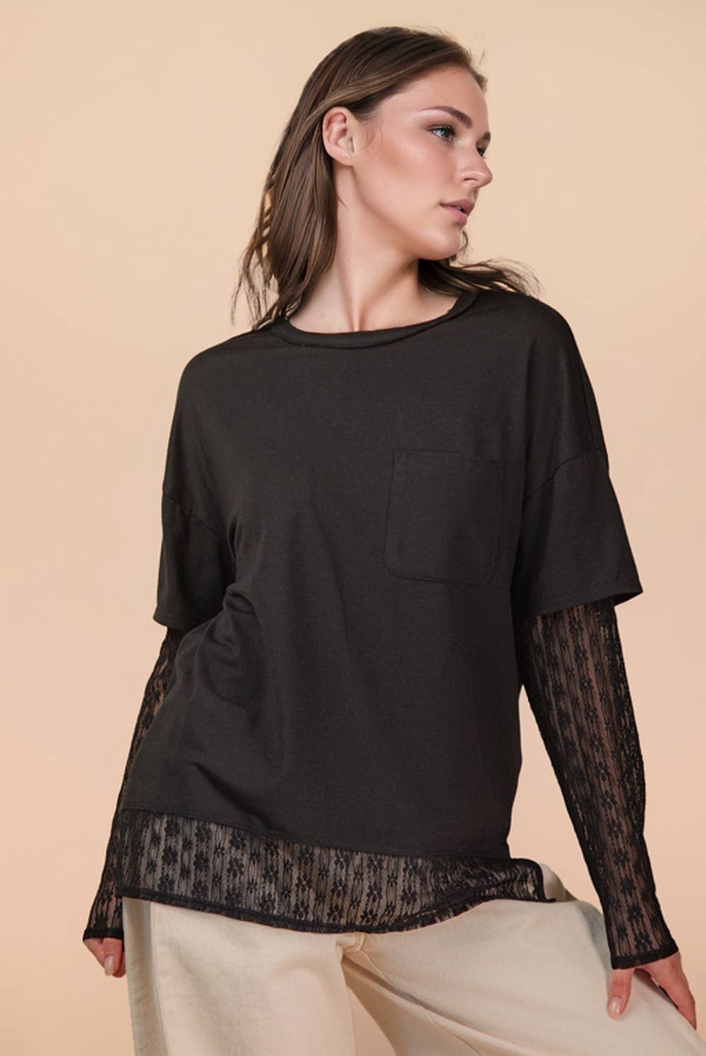NT12351-Oversized Casual Knit Top W/ Lace: MOCHA / S-M-L/2-2-2