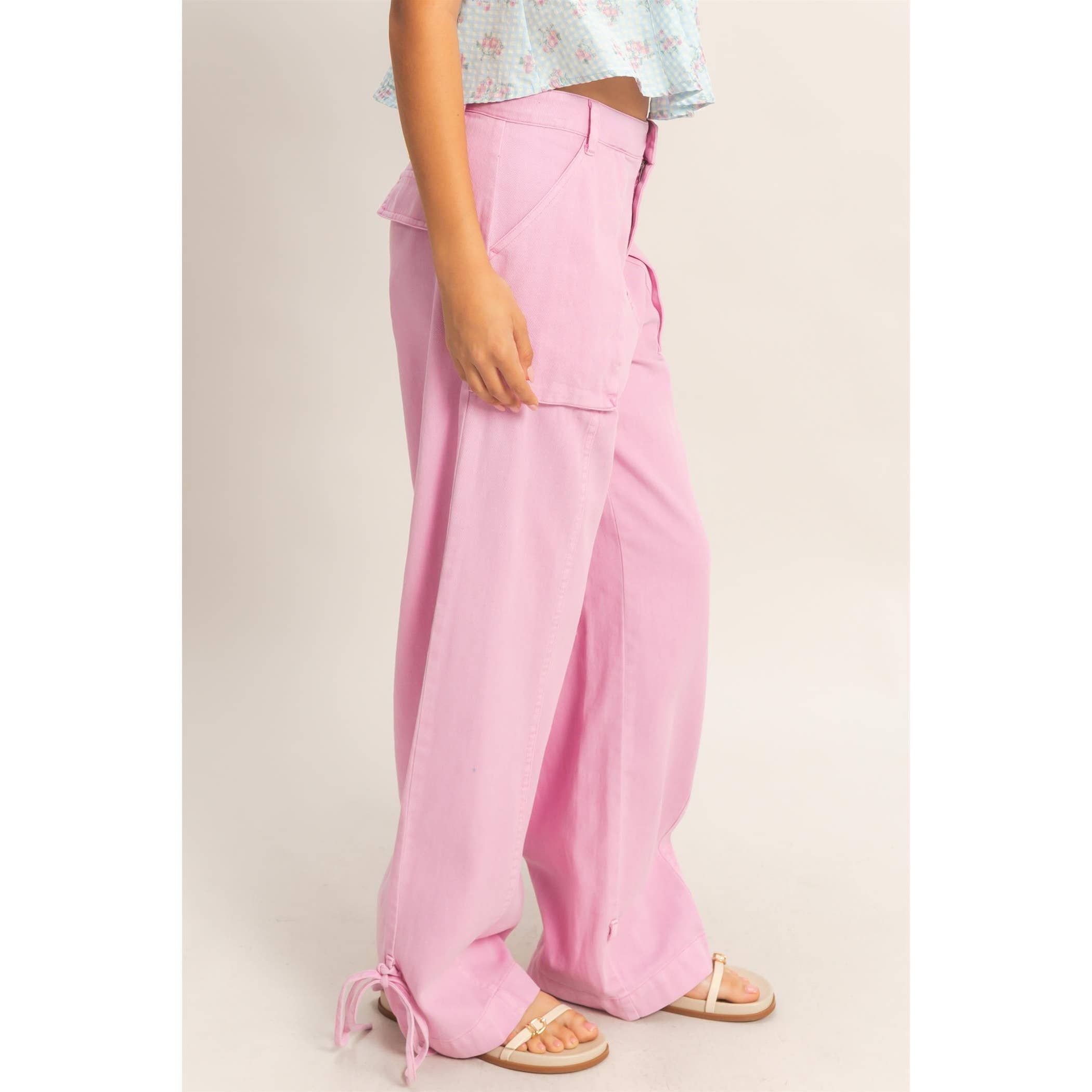 High Rise Cargo Pants With Ankle Ties: PINK / S-M-L(2-2-2)