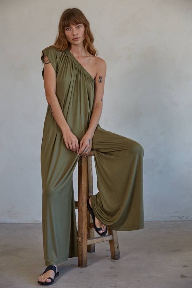 One Shoulder Short Sleeve Wide Leg Jumpsuit: Olive