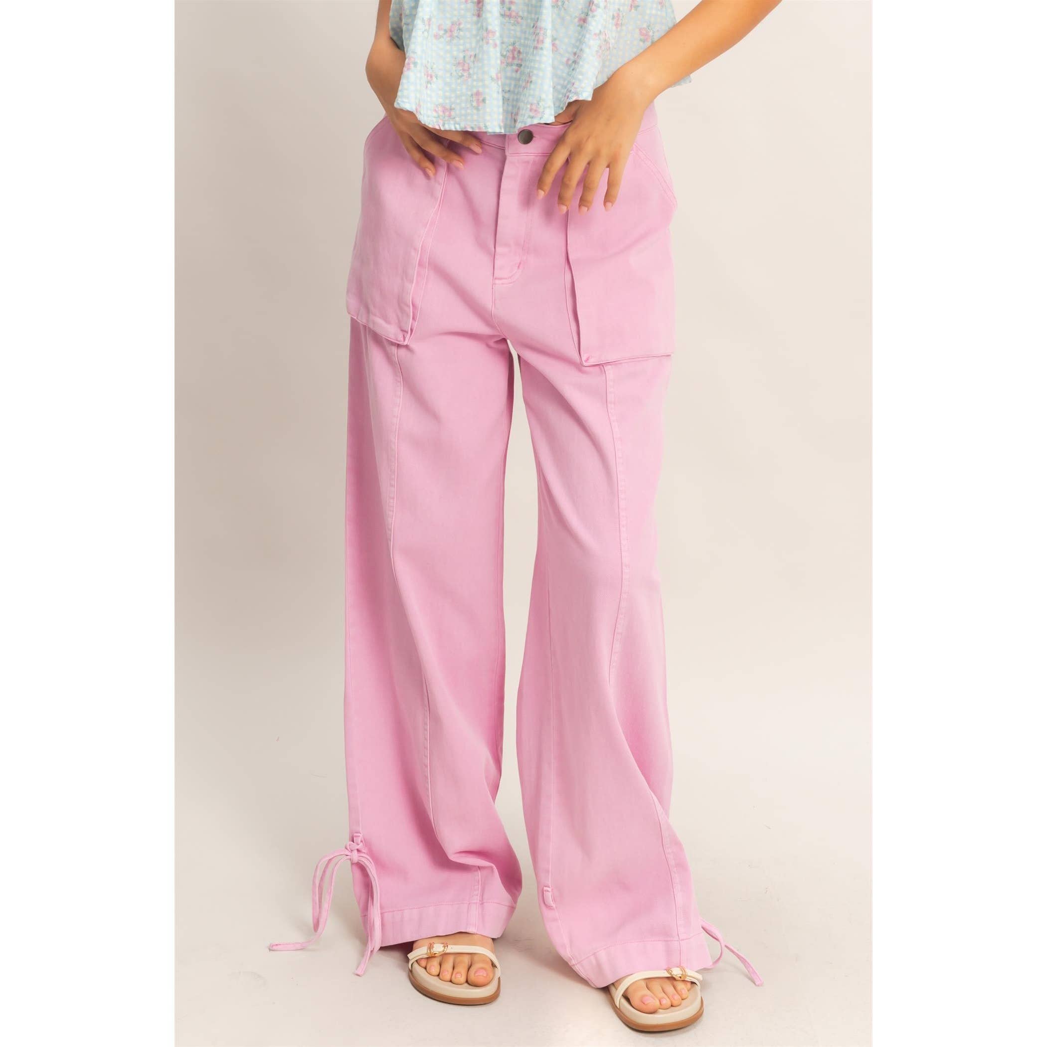 High Rise Cargo Pants With Ankle Ties: PINK / S-M-L(2-2-2)