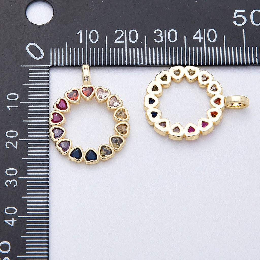 16K Gold Filled 26mm Multicolor CZ Heart Open Round Pendant | Charms-00124