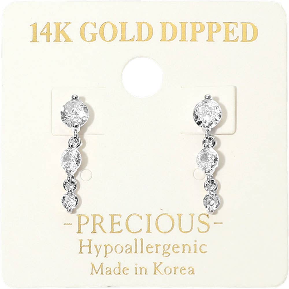 14K Gold Dipped Hypoallergenic Graduated Stone Link Drop Earrings: Rhodium