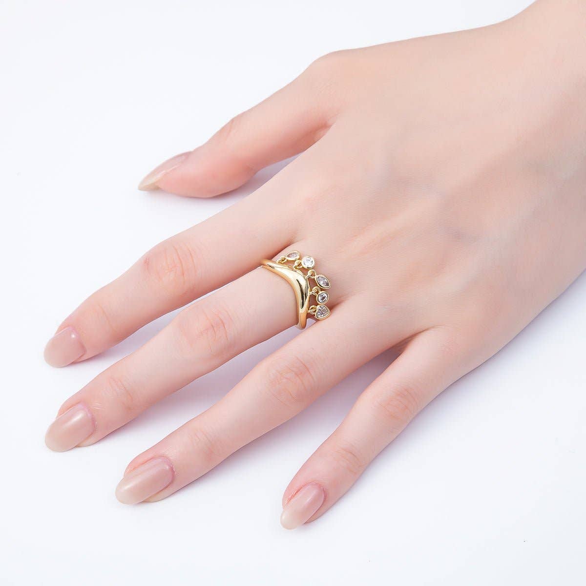 16K Gold Filled Clear CZ Drop Geometric Curved Ring | Rings-00075