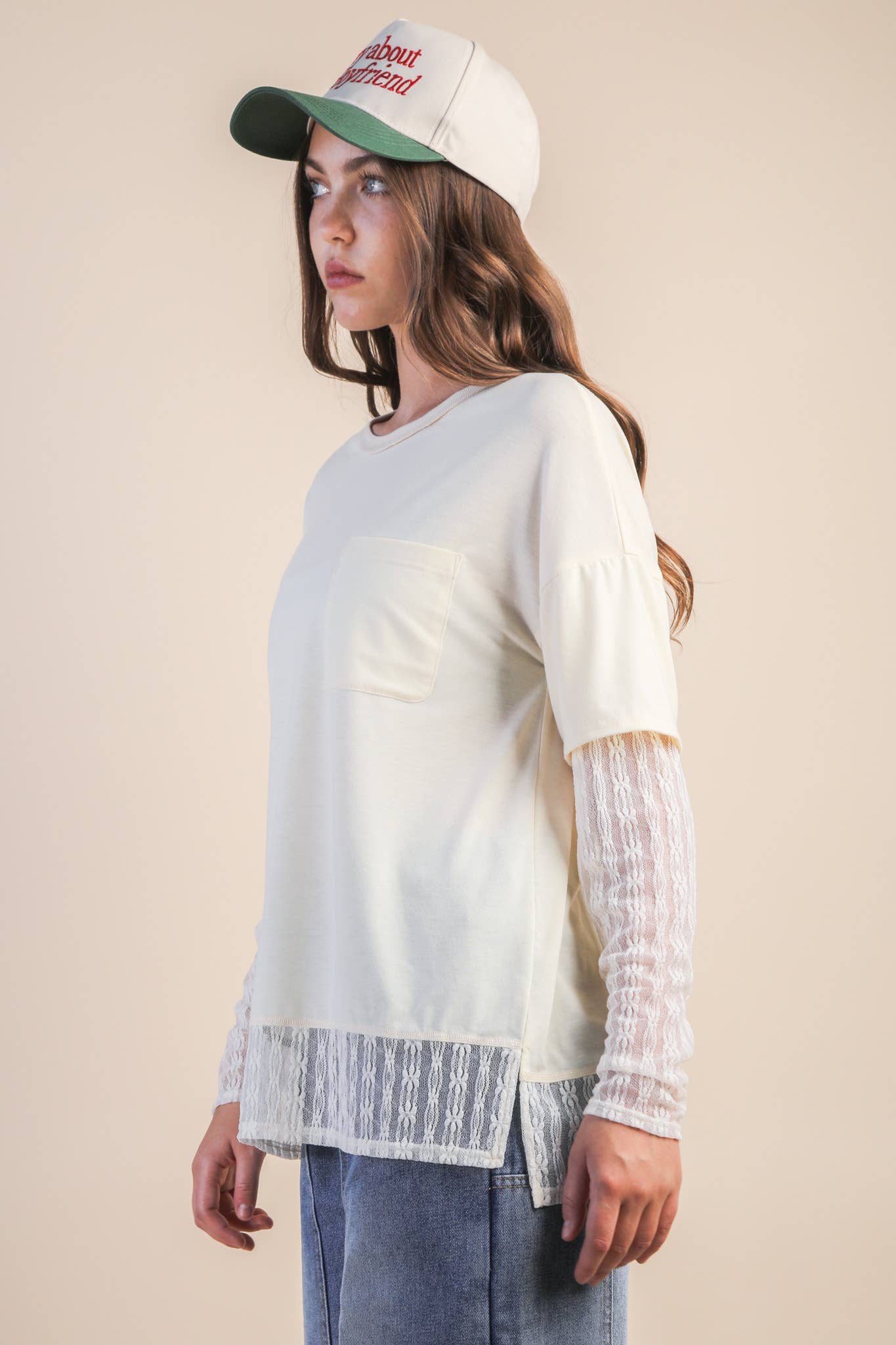 NT12351-Oversized Casual Knit Top W/ Lace: MOCHA / S-M-L/2-2-2