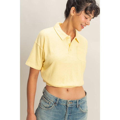 Collared Short Sleeve Crop Top: FRENCH VANILLA / S-M-L(2-2-2)
