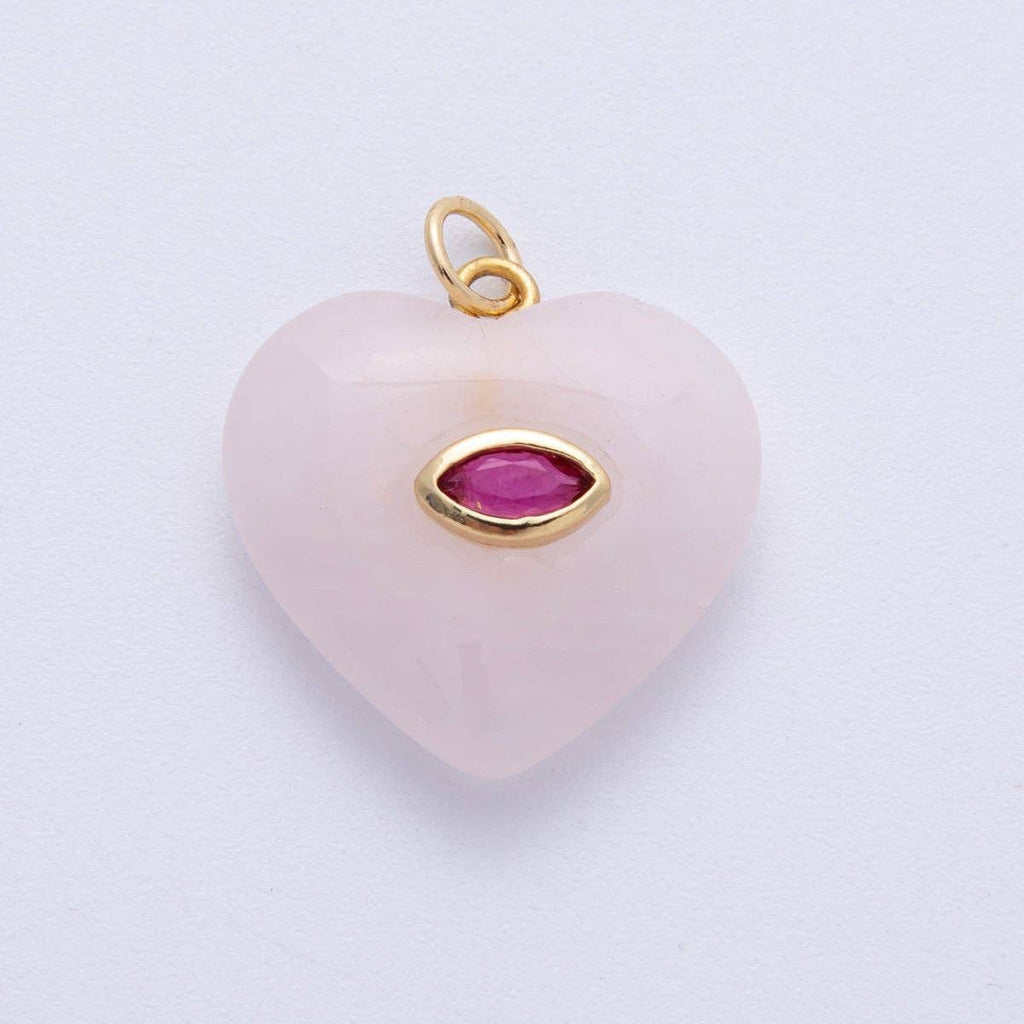 18K Gold Filled 21.5mm Marquise Embedded Rose Quartz, Amethyst, Onyx, Amazonite, Lapis Lazuli, Tiger Eye Heart Charm | AK218 - AK220: Rose Quartz