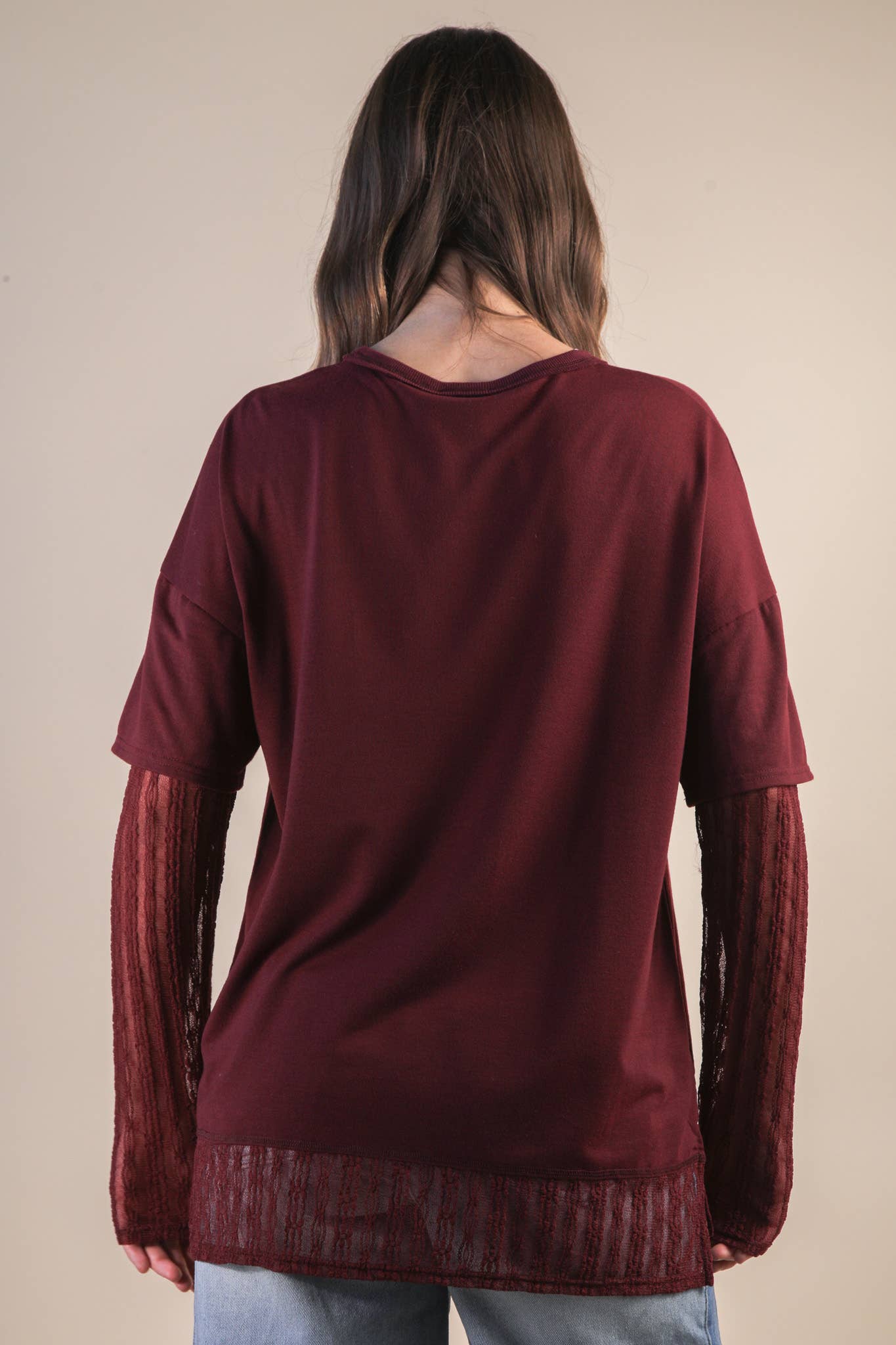 NT12351-Oversized Casual Knit Top W/ Lace: MOCHA / S-M-L/2-2-2