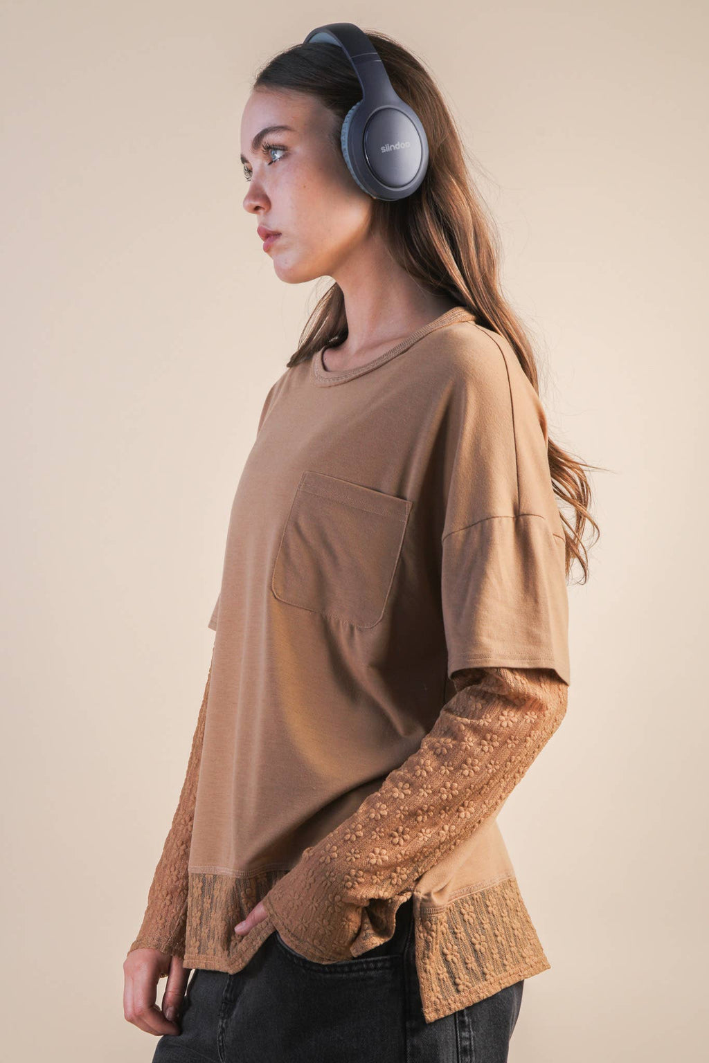 NT12351-Oversized Casual Knit Top W/ Lace: MOCHA / S-M-L/2-2-2