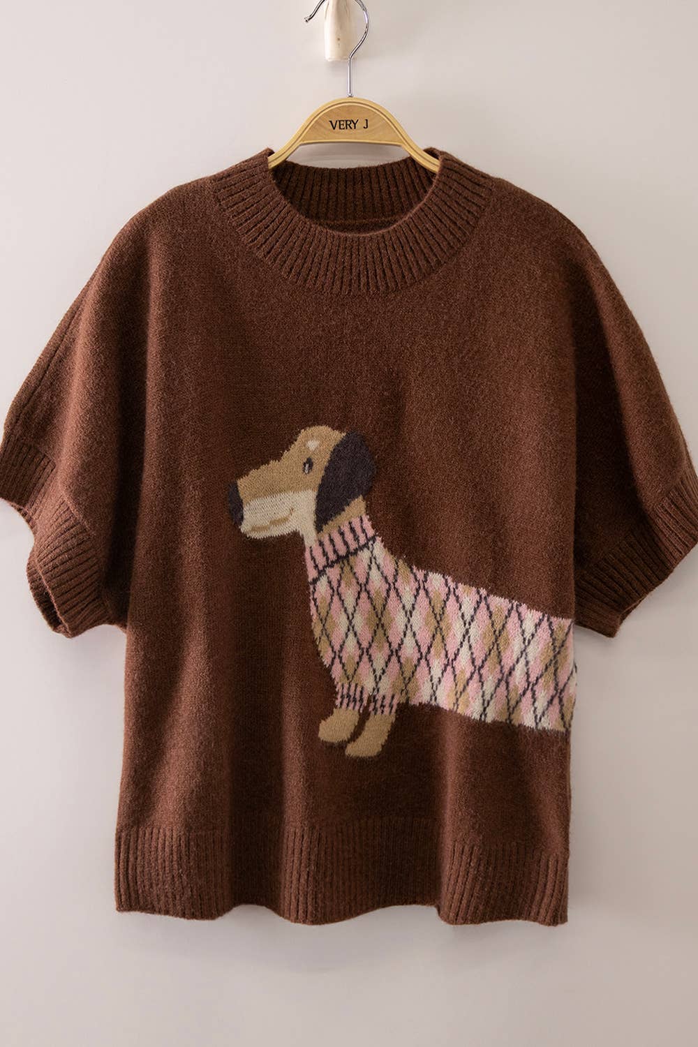 12W3672N-Dog Graphic Short Sleeve Knit: OATMEAL / S-M-L/2-2-2